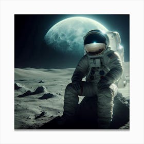A photo of an astronaut sitting on the moon, with the moon in the background. The astronaut is wearing a spacesuit and has their helmet on. The moon is a large, round object with a cratered surface. The astronaut is sitting on a rock, with their legs crossed. Their arms are resting on their knees, and they are looking down at the ground. The moon's surface is covered in craters and rocks. The astronaut's footprints are visible in the ground. The moon is a barren, desolate place. There is no sign of life. The astronaut is alone. Canvas Print