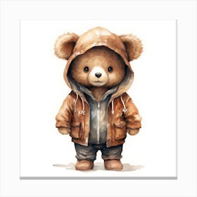Watercolour Cartoon Brown Bear In A Hoodie 2 Canvas Print