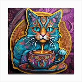 Cat With A Cup Of Tea Whimsical Psychedelic Bohemian Enlightenment Print 3 Canvas Print