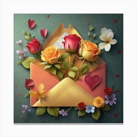 An open red and yellow letter envelope with flowers inside and little hearts outside 6 Canvas Print
