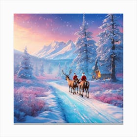 Santa And Reindeer Christmas Postcard Canvas Print