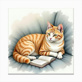 A Turkish Angora Cat Lounging Next To Its Owner Reading A Book, Watercolor 1 Canvas Print