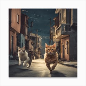 Close Up Photo Of A Cat Running After A Dog Next Canvas Print