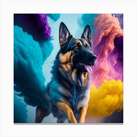 German Shepherd Dog Running Through Colorful Smoke Canvas Print