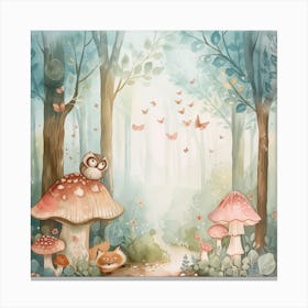 Watercolor Owls In The Forest Canvas Print