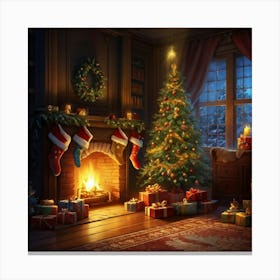 Cozy Christmas Eve Crackling Fireplace Casting A Soft Glow On The Elaborate Decorated Tree Toys Su (2) Canvas Print