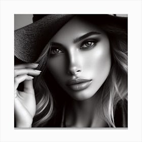 The Girl In The Hat 3/4 (beautiful female lady model black and white portrait close up face) Canvas Print