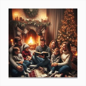 Family Reading Christmas Book In Front Of Fireplace Canvas Print
