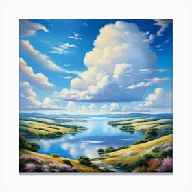 Cumulus Clouds Cotton Like In Texture Dominate The Expansive Azure Sky While A Serene Landscape Un (5) Canvas Print