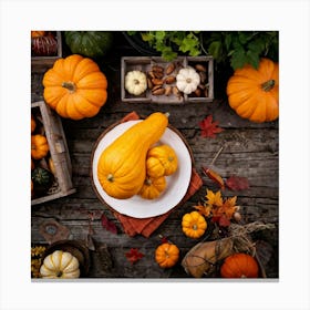 An Autumnal Photography Arrangement Depicting A Vibrant Orange Gourd Amidst A Thanksgiving Meal Sett (2) Canvas Print