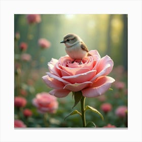 A Tiny Bird With Pastel Feathers, Perched On A Giant Rose In A Whimsical, Enchanted Garden Canvas Print