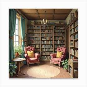 A Quaint English Village Library With Cozy Reading Corners, Watercolor Style 1 Canvas Print