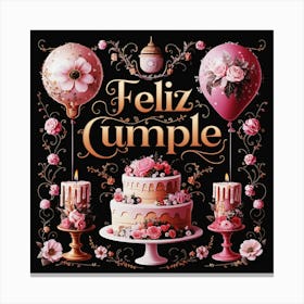 Feliz cumple and Feliz cumpleaños sign means Happy Birthday in Spanish language, Birthday party celebration gift with birthday cake candle colorful balloons best congratulation over light background wall artFeliz Cumple 42 Canvas Print