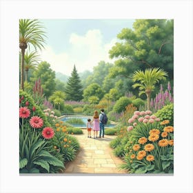 An English Botanical Garden With Visitors Admiring Exotic Plants, Watercolor 1 Canvas Print