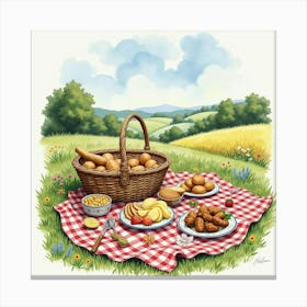 An English Countryside Picnic With Traditional Fare, Watercolor Style 1 Canvas Print