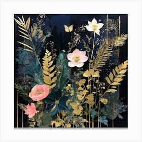 Gold And Black, Flowers On Black pink flowers Canvas Print