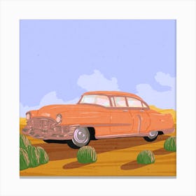 Pink car in desert, classic car, landscape, American, illustration, wall art Canvas Print