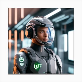 The Image Depicts A Stronger Futuristic Suit For Military With A Digital Music Streaming Display 15 Canvas Print