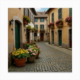 A Picturesque European Village With Cobblestone Streets, Historic Buildings, And Blooming Flower Boxes 1 Canvas Print