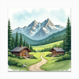 Serene Mountain Retreat In Watercolor, With Cabins And Forested Hills Canvas Print