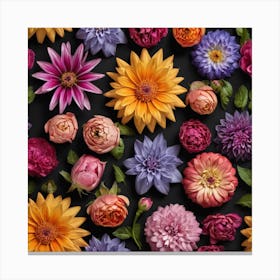 Colorful Flowers On A Black Background Canvas Print