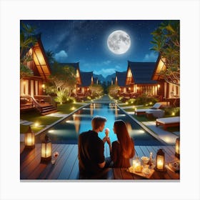 Romantic Couple At The Pool At Night Canvas Print