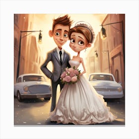 Cartoon Wedding Couple Canvas Print