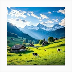 Alpine Pastoral Landscape Cows Grazing On Lush Green Slopes Snow Capped Mountains In The Distance (2) Canvas Print