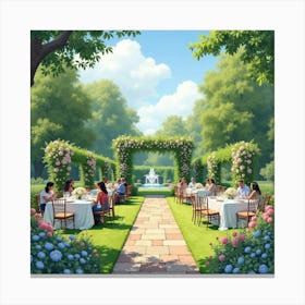 Lush Garden Party In Summer, Watercolor With Elegant Tables And Guests 1 Canvas Print