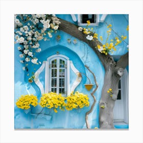 Blue House With Yellow Flowers Canvas Print