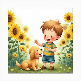 Toddler Playing With A Puppy In A Watercolor Garden Full Of Sunflowers Canvas Print