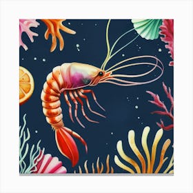 Shrimp And Corals, Paradise Watercolor Canvas Print