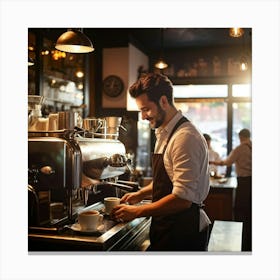 Cafe Interior Early Morning Barista Clad In A Crisp Apron With Visible Badges Of Skill Steam Waft (3) Canvas Print