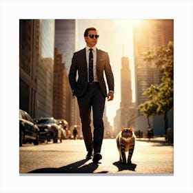 Businessman Wearing Sunglasses Accompanied By A Cat Playing At His Feet Downtown Skyscrapers Loomin (2) Canvas Print