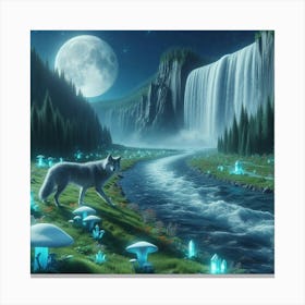 Wolf Next to Waterfall River Canvas Print