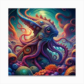 Psychedelic Deep Sea Octopus With Colorful Coral Canvas Print