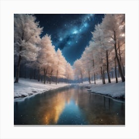 Snow Lake On A Starry Night Canvas Print