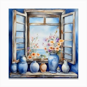 Blue wall. Open window. From inside an old-style room. Silver in the middle. There are several small pottery jars next to the window. There are flowers in the jars Spring oil colors. Wall painting.58 Canvas Print