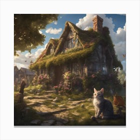 Cat In Front Of Cottage Canvas Print
