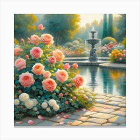 Roses In The Garden With The Fountain, Acrylic Style Painting 1 Canvas Print