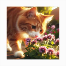 Cat Sniffing Flowers Canvas Print