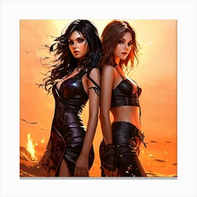 Two Women In Leather Outfits Canvas Print