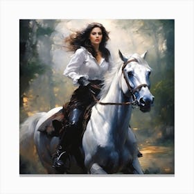 Woman Riding A White Horse Canvas Print