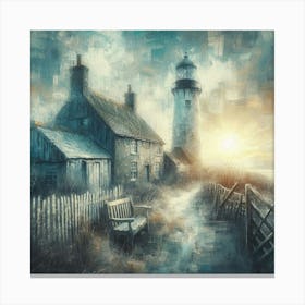Charming Coastal Scene: Weathered Lighthouse, Rustic Cottage, and Tranquil Sunrise Painting in Blue, Grey, and Yellow Canvas Print