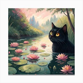 A Black Cat With-Big Yellow Eyes Swimming In A Pond Canvas Print