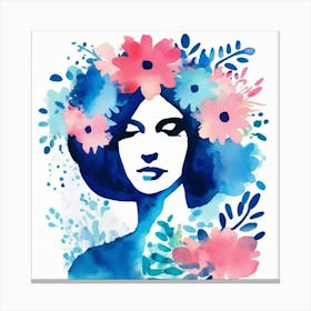 blue Watercolor Woman With floral crown Canvas Print