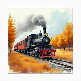 Rustic Locomotive Traveling Through A Watercolor Painted Autumn Valley 1 Canvas Print