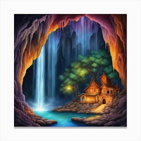 House in a Cave With a Waterfall Canvas Print