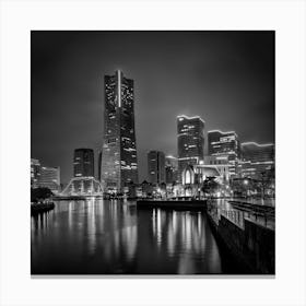 Fascinating Monochrome Yokohama Skyline At Night Canvas Print