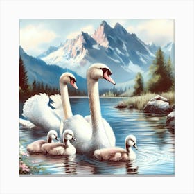 Swan Family in Mountain Lake Color Painting - Wild Bird Artwork 149 Canvas Print